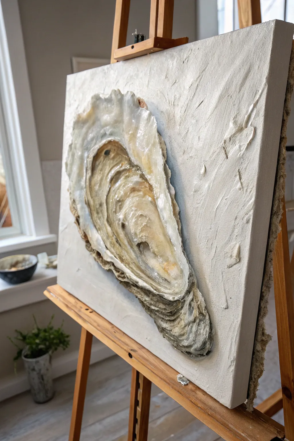 Textured palette-knife oyster impasto, lit from the side for crisp shadows and calm tones