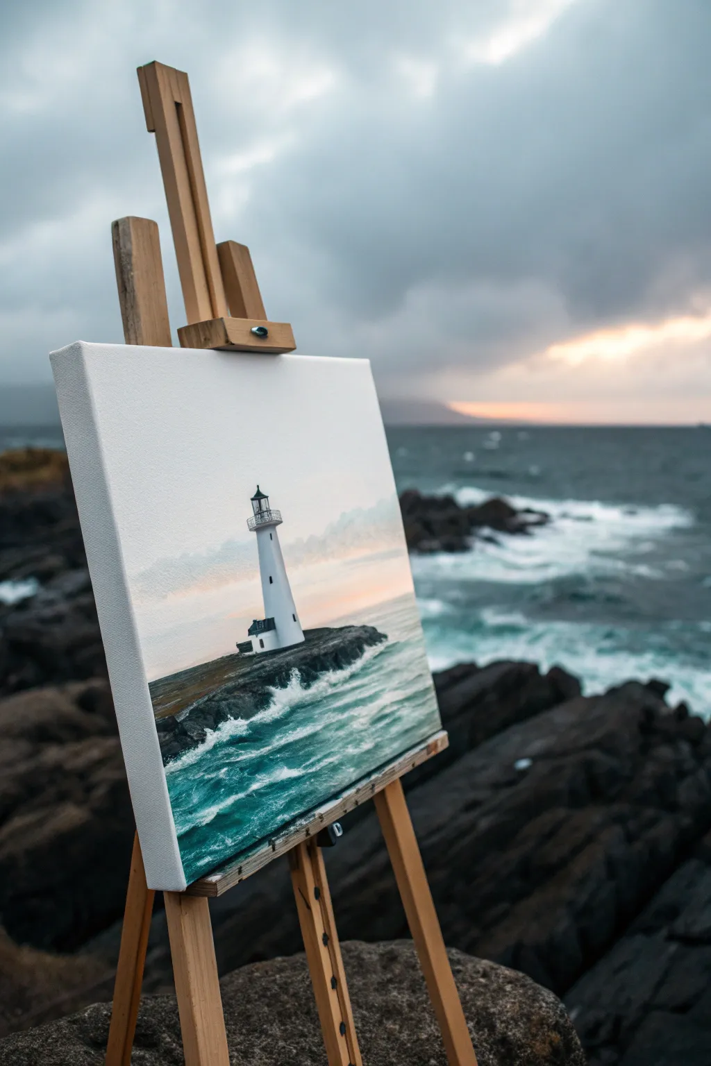 Moody coastal lighthouse painting: simple shapes, choppy sea, and a soft glowing beam
