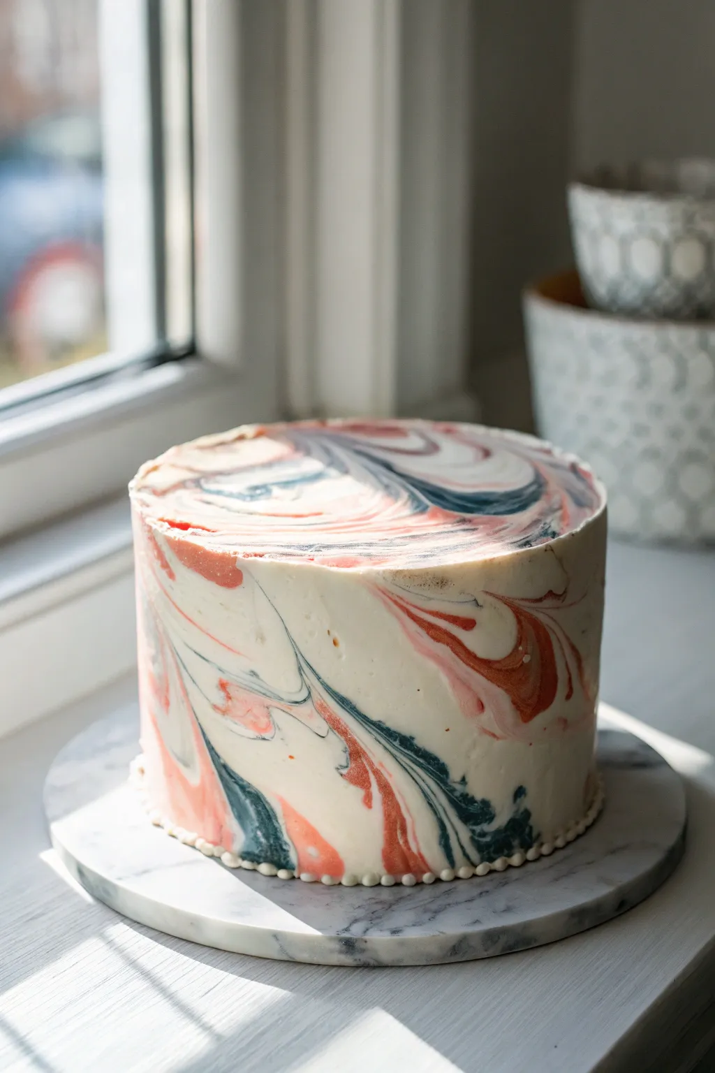 Marbled paint-swirled buttercream cake in soft pastels, minimalist boho styling and contrast.