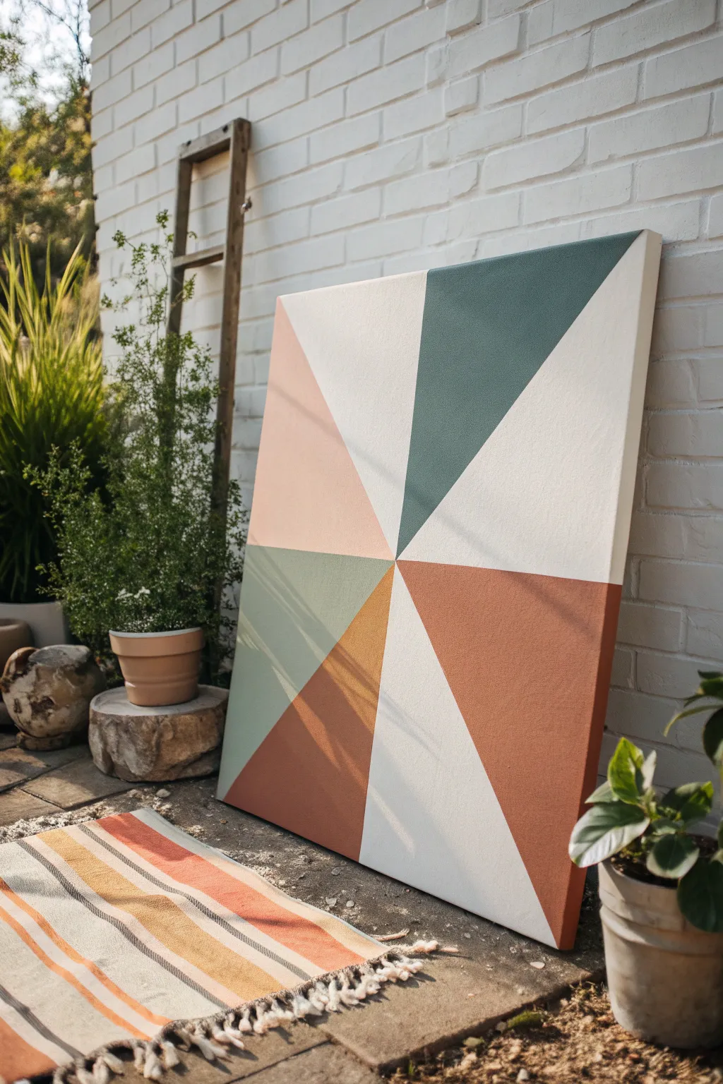 Crisp tape-resist white lines and bold boho color blocks for modern geometric canvas art