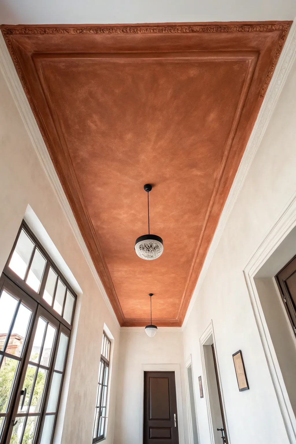 Bold terracotta ceiling transforms a calm neutral room, framed by a simple pendant silhouette.