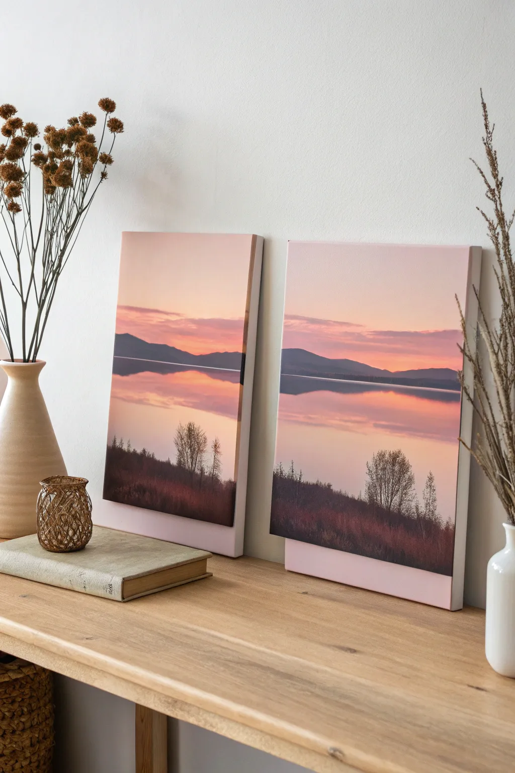 Split-canvas sunset landscape that meets perfectly in the middle for a cozy paint night