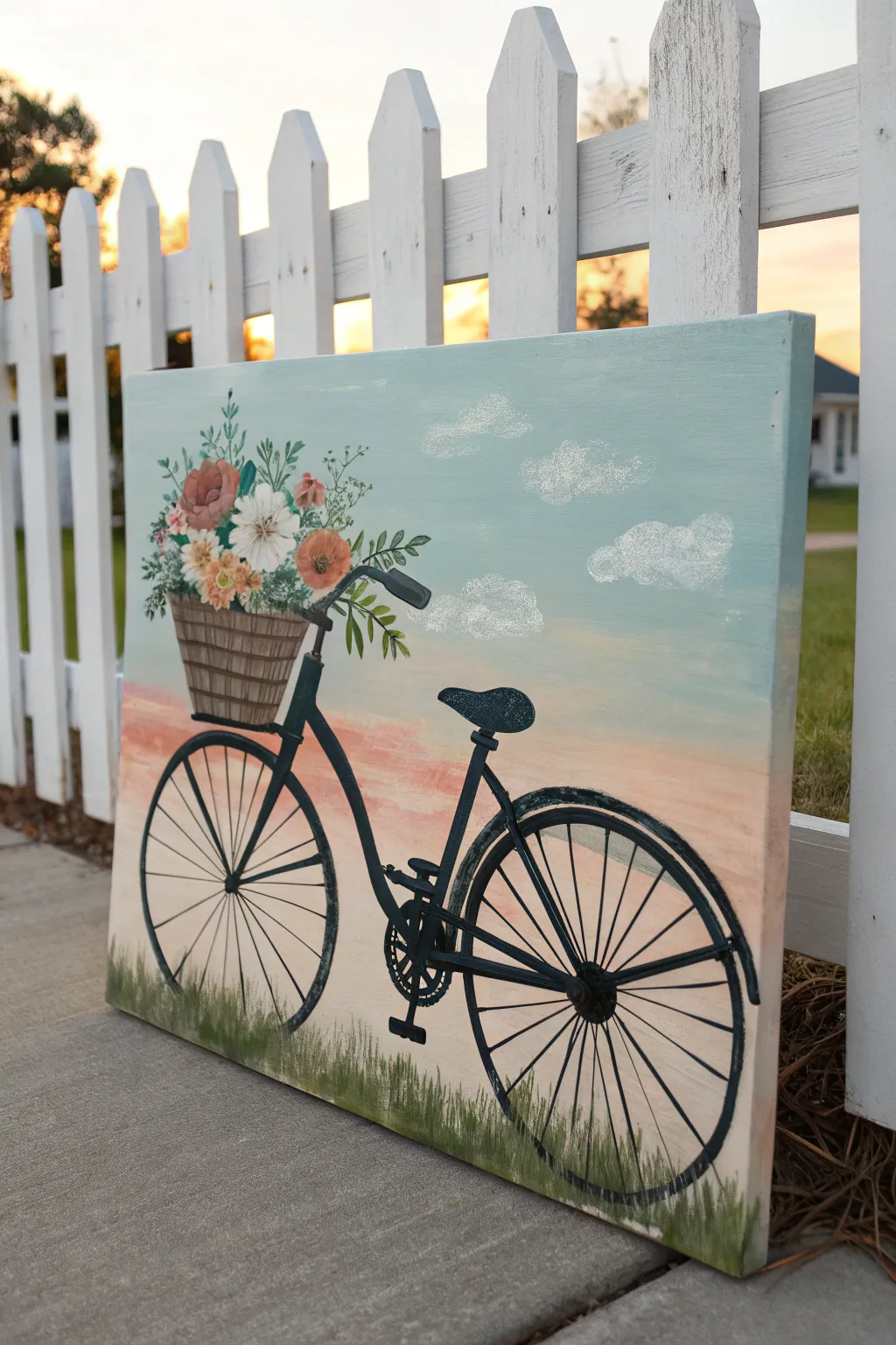 Easy paint party: minimalist bicycle with flower basket by a pale picket fence, soft boho vibes