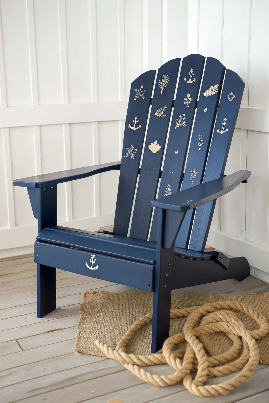 Nautical Adirondack chair paint idea: tiny anchors and waves, matte navy, cozy rope detail.