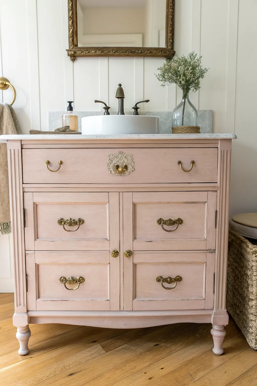 Dusty blush paint plus vintage brass pulls gives an antique vanity a clean, updated heirloom feel