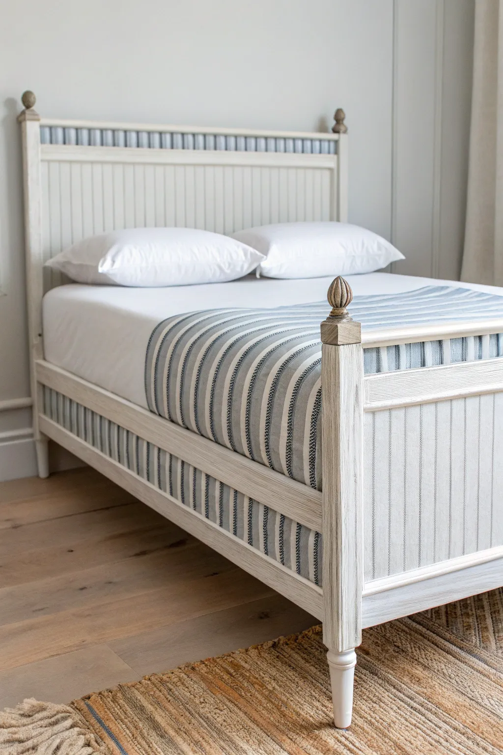Thin hand-painted stripes add tailored style to a bed frame with calm Scandinavian warmth.