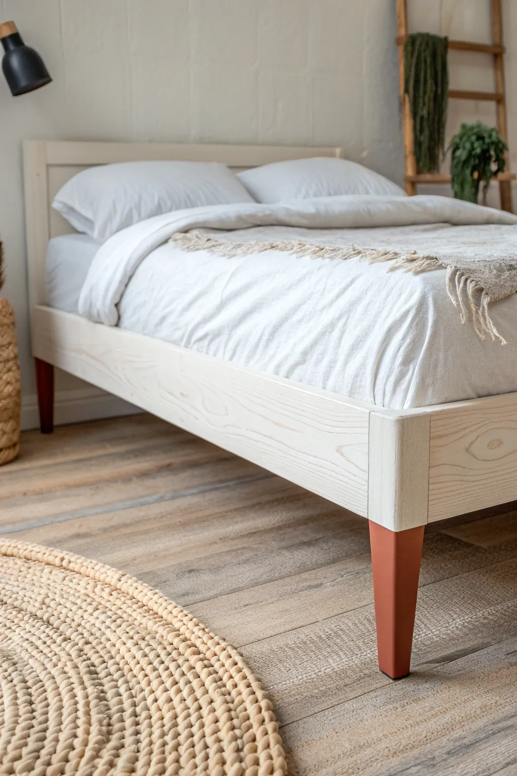 Neutral bed frame with bold color-dipped legs, a chic Scandi-boho detail to paint yourself