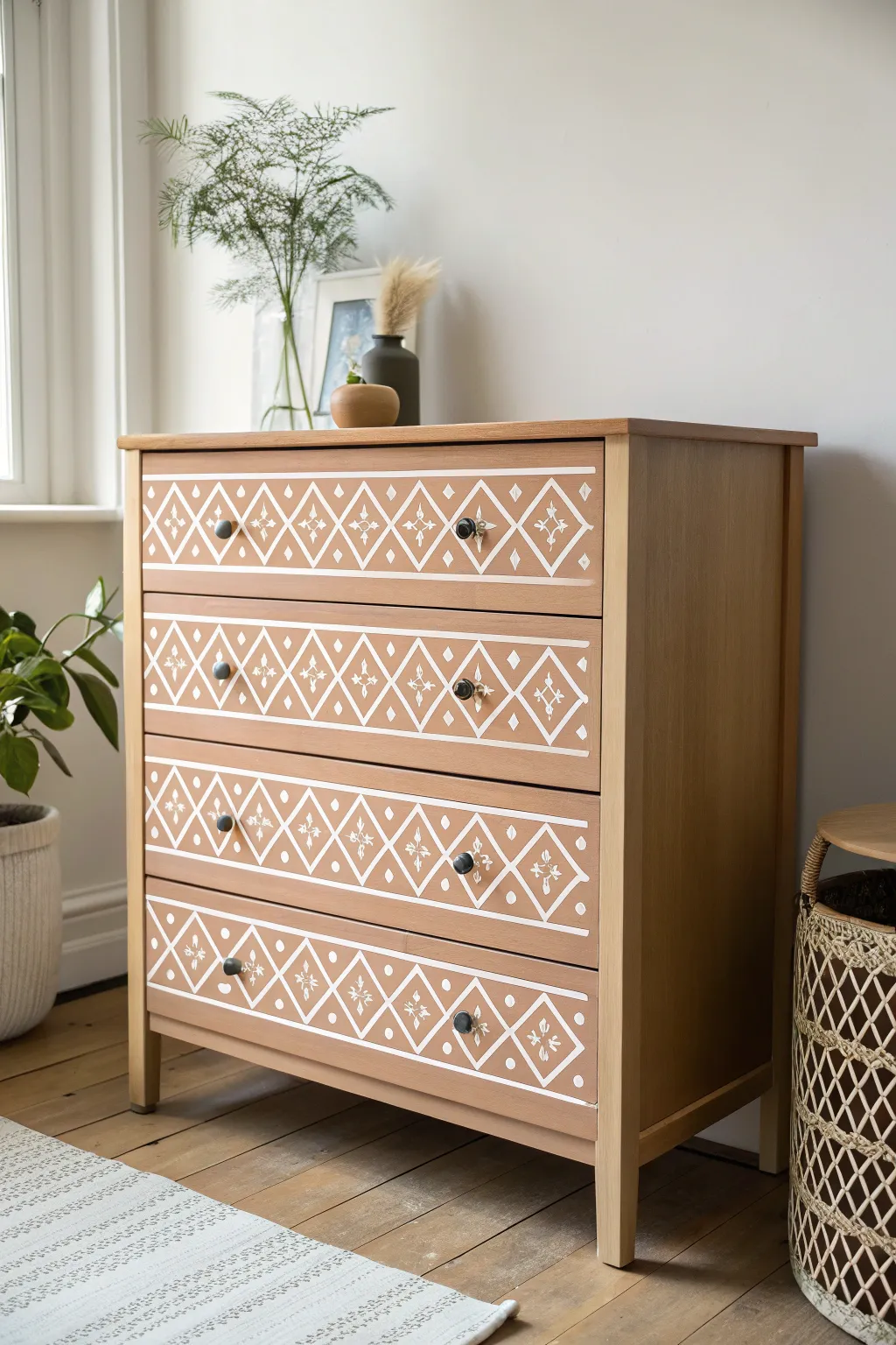 Geometric stenciled drawers give painted bedroom furniture a clean, custom modern-boho look.