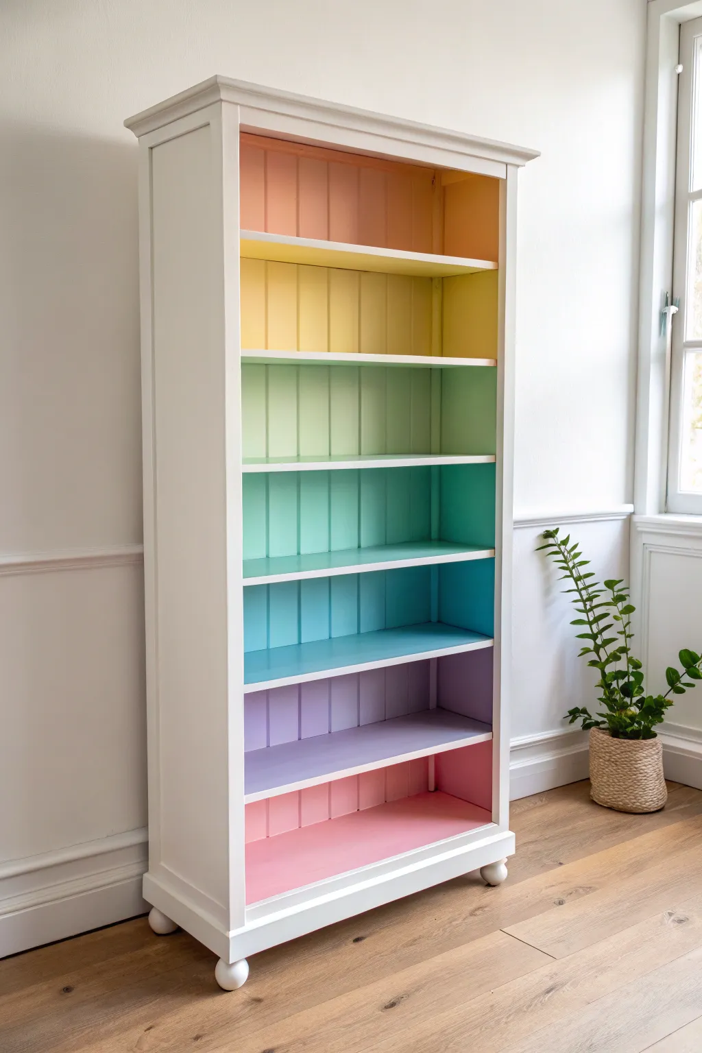 Curated rainbow shelves make a minimalist bookcase feel playful, bright, and intentional.