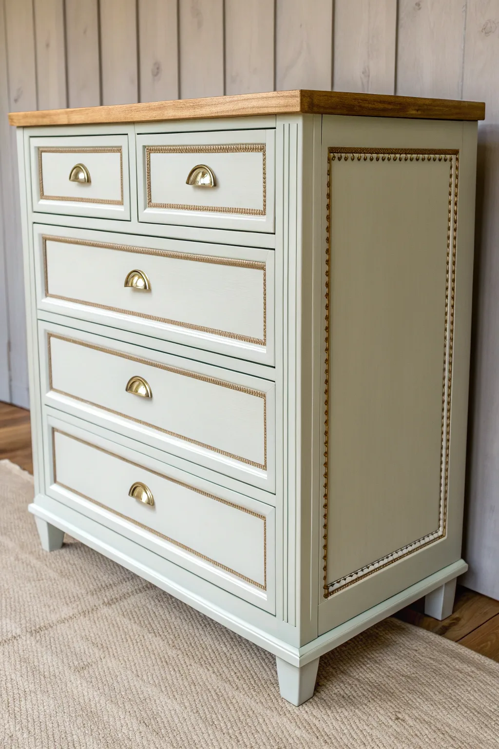 Faux inlay paint lines turn a simple chest into a luxe focal piece with Scandinavian calm.