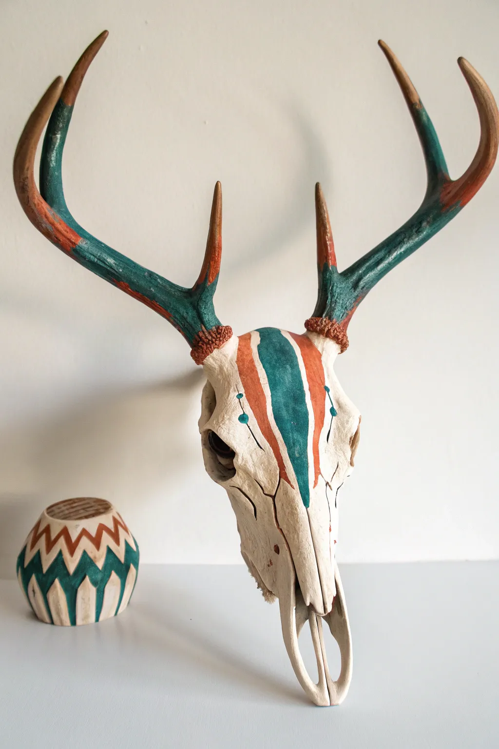 Minimal deer skull with bold paint drips for a modern, edgy Scandinavian-boho wall vibe