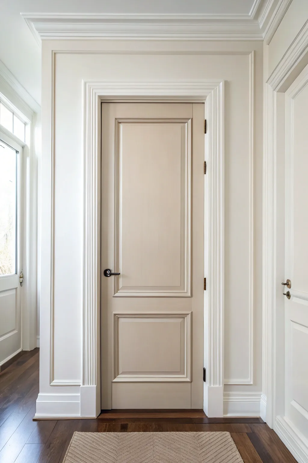 Flat door, painted lines and soft shading create a chic faux panel look with minimalist charm.