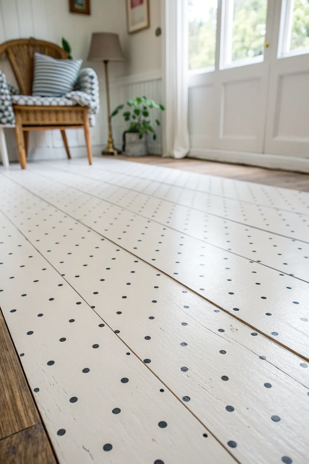 Minimal hand painted dot grid on plywood floor, subtle texture and modern Scandinavian contrast