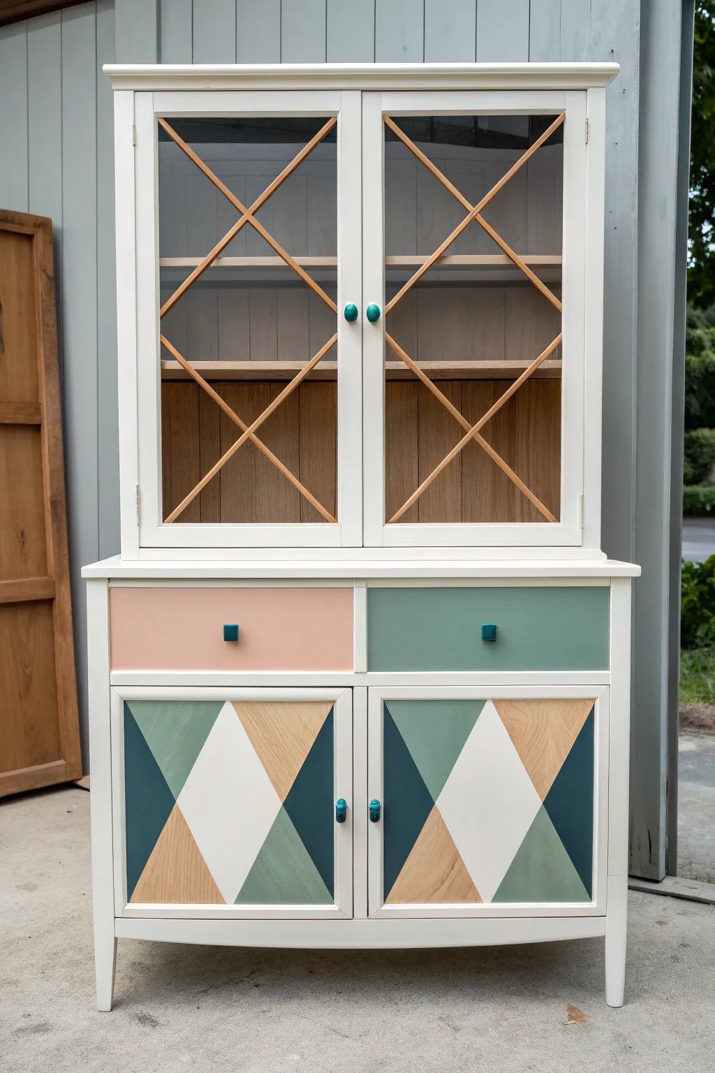 Modern color-blocked hutch with crisp geometric panels for a minimalist boho statement.
