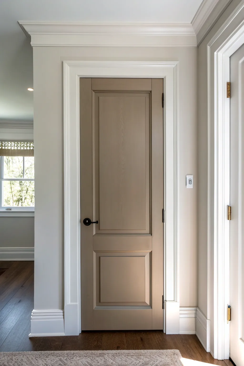 Monochrome door and trim for a seamless built-in look, crisp edges against a light wall.