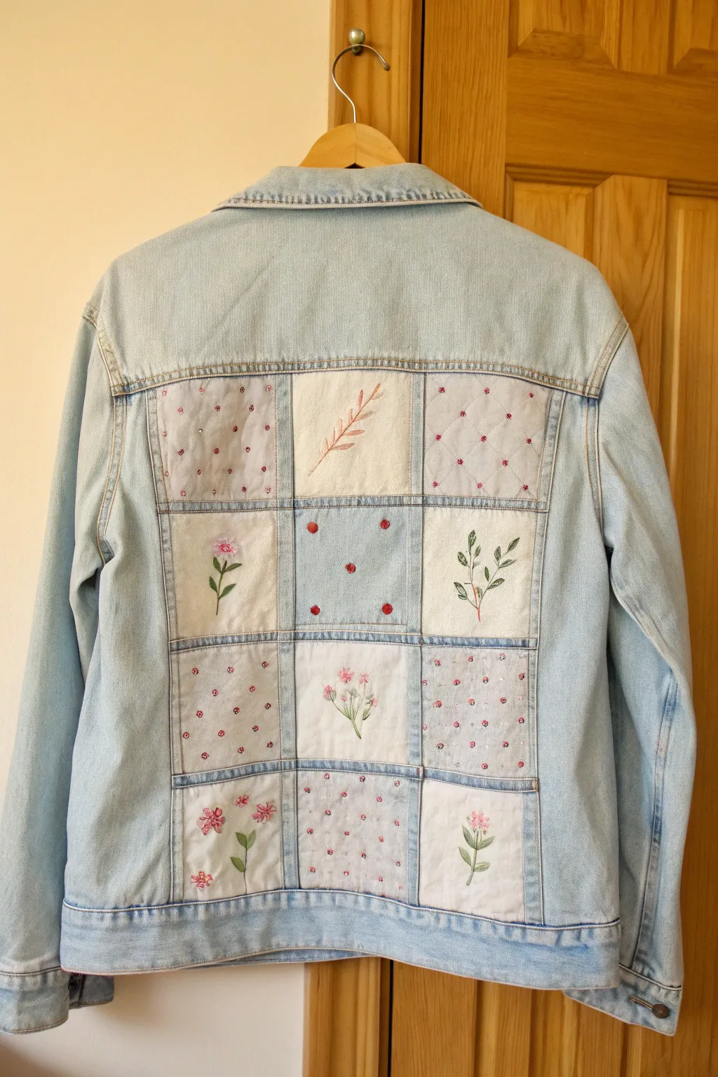 Painted patchwork blocks turn a plain jean jacket into a cozy, Scandi-boho statement piece.