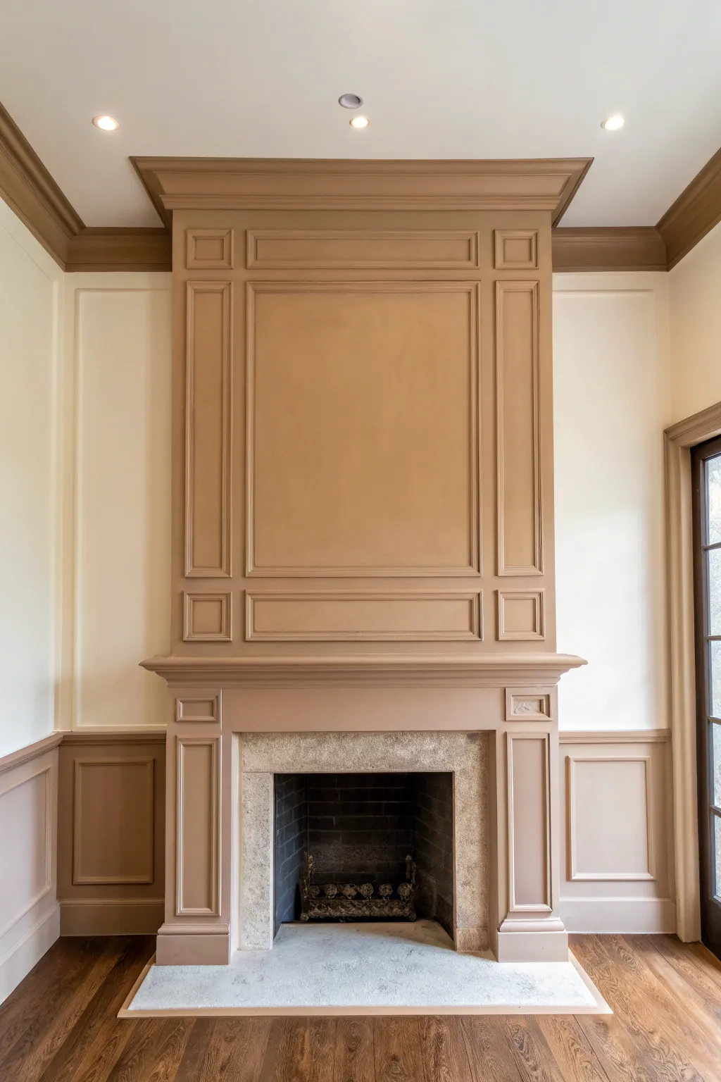 Monochrome mantel and wall color drench creates an airy, architectural focal point.