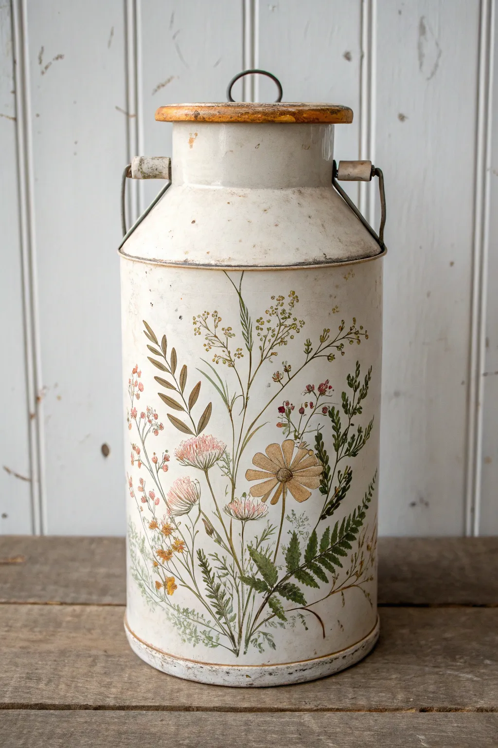 Botanical collage milk can with timeworn patina, soft neutrals, and handcrafted boho charm