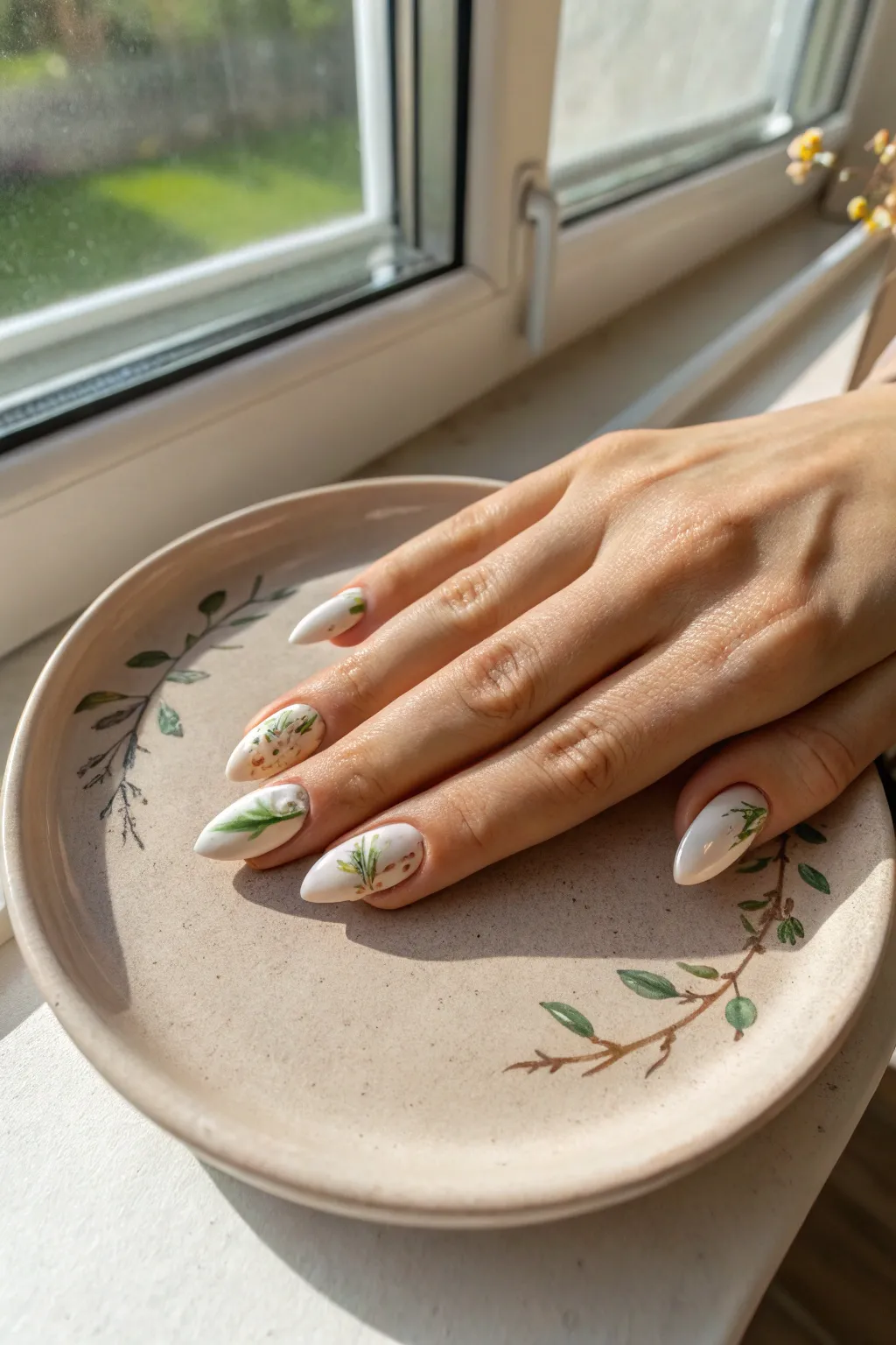 Delicate floral vine nails with tiny buds in soft light, perfect for minimalist boho style