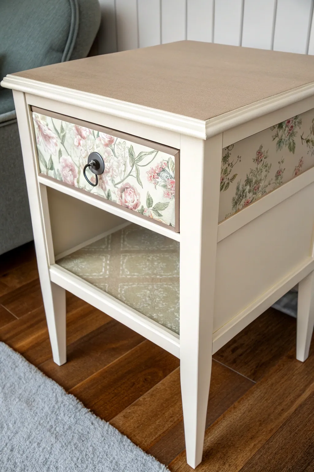 Soft painted frame + patterned decoupage drawer fronts for a calm, modern-boho nightstand.
