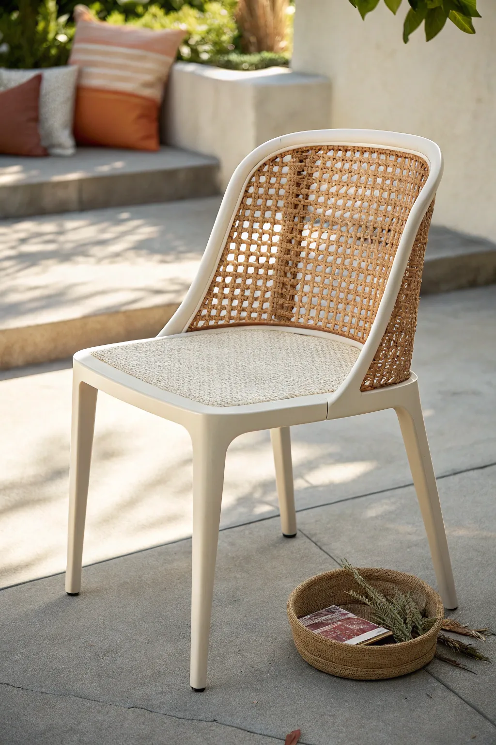 Paint a faux cane weave on plastic chairs for instant patio charm in minimalist boho style