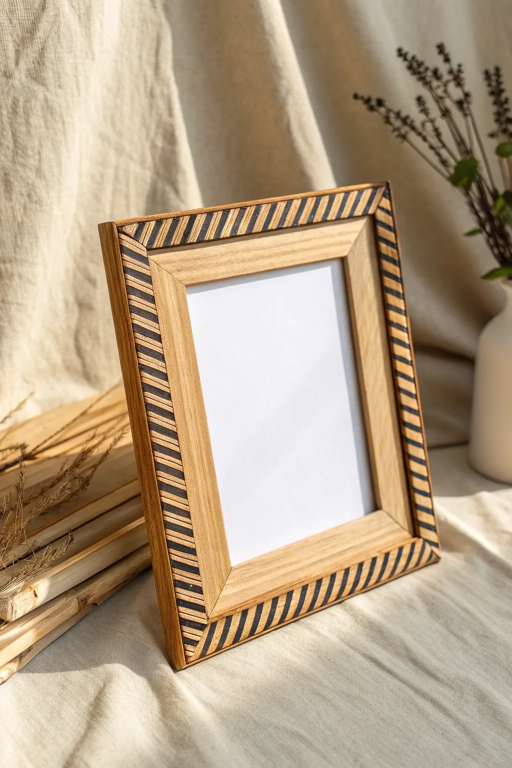Thin striped bands give a crisp, modern frame makeover with minimalist Scandinavian charm