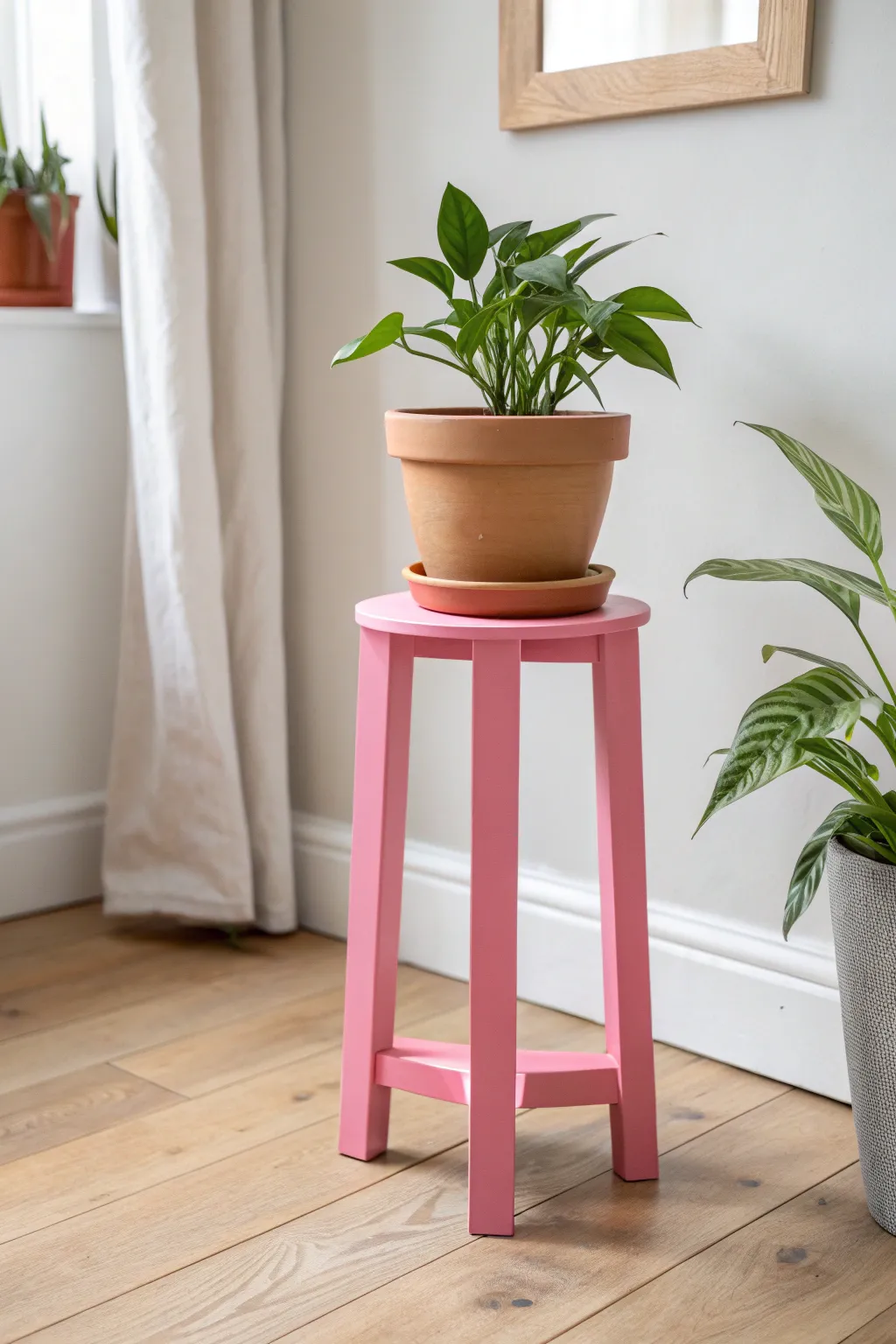 High-gloss candy color plant stand that pops against a calm Scandinavian minimalist backdrop