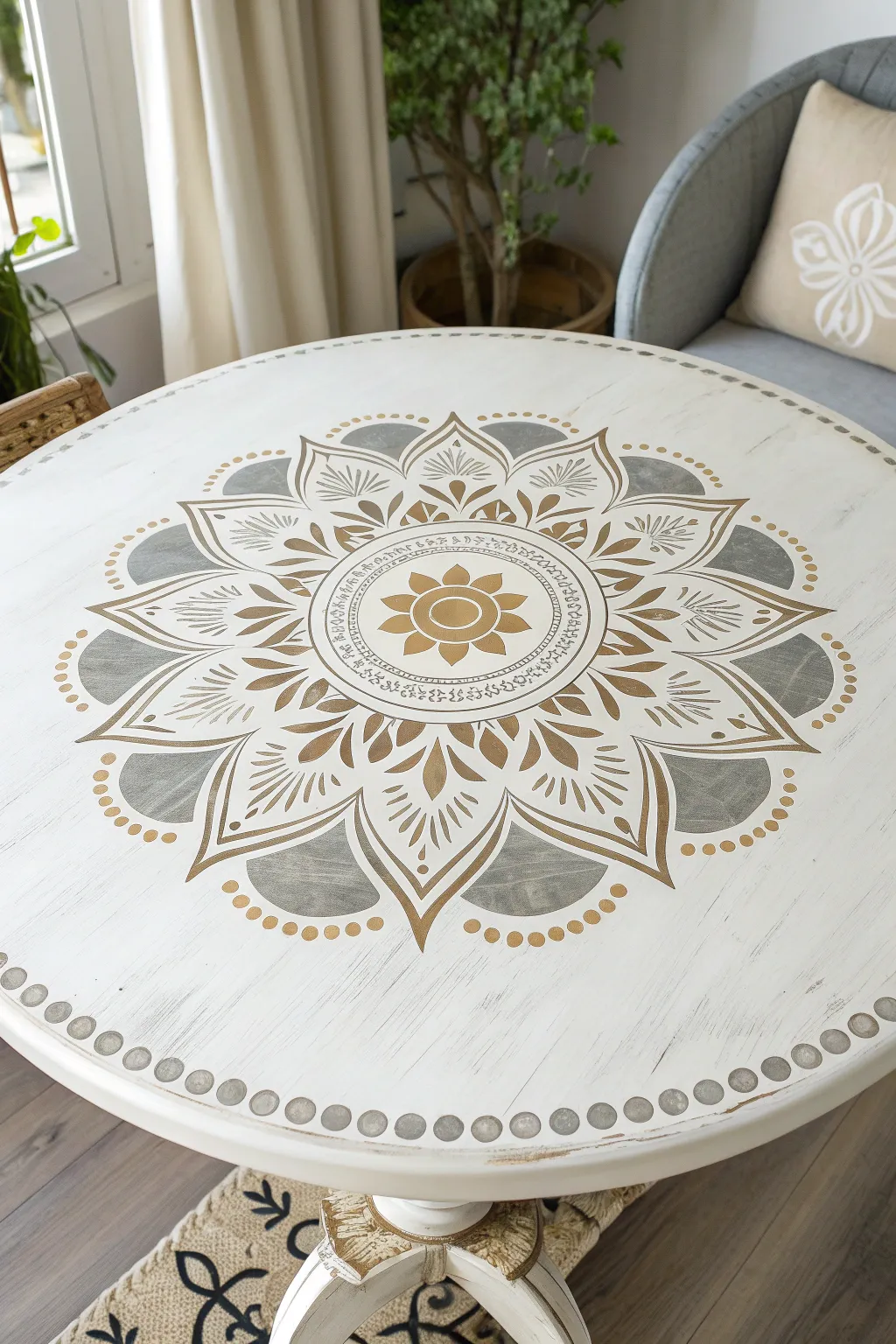 Satisfying symmetry: a centered stenciled medallion that elevates a simple round tabletop.
