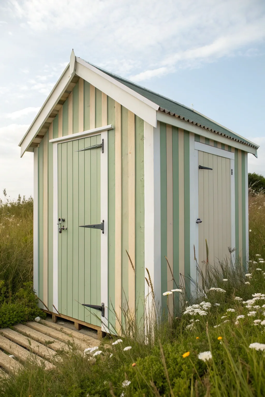 Cottage stripes meet soft blooms for a playful shed makeover you can paint yourself.