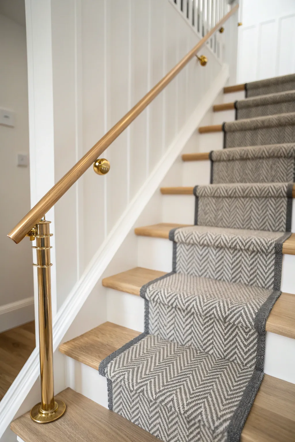 Brass stair rods give painted stairs a polished, jewelry-like finish with a simple runner.