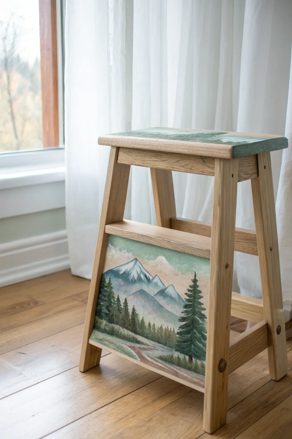 Hand-painted step stool with a serene mountain and forest wrap, styled in soft Scandinavian window light.