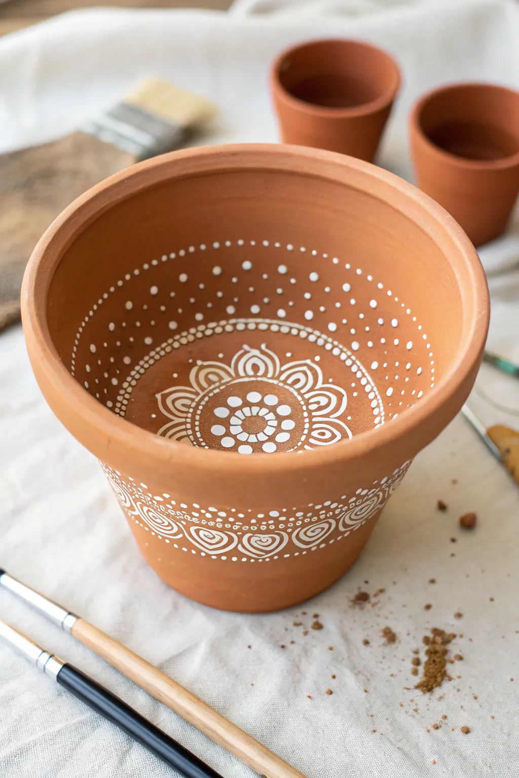 Mandala dot rings on a terracotta rim in a calm Scandinavian boho palette, top-down and crisp.