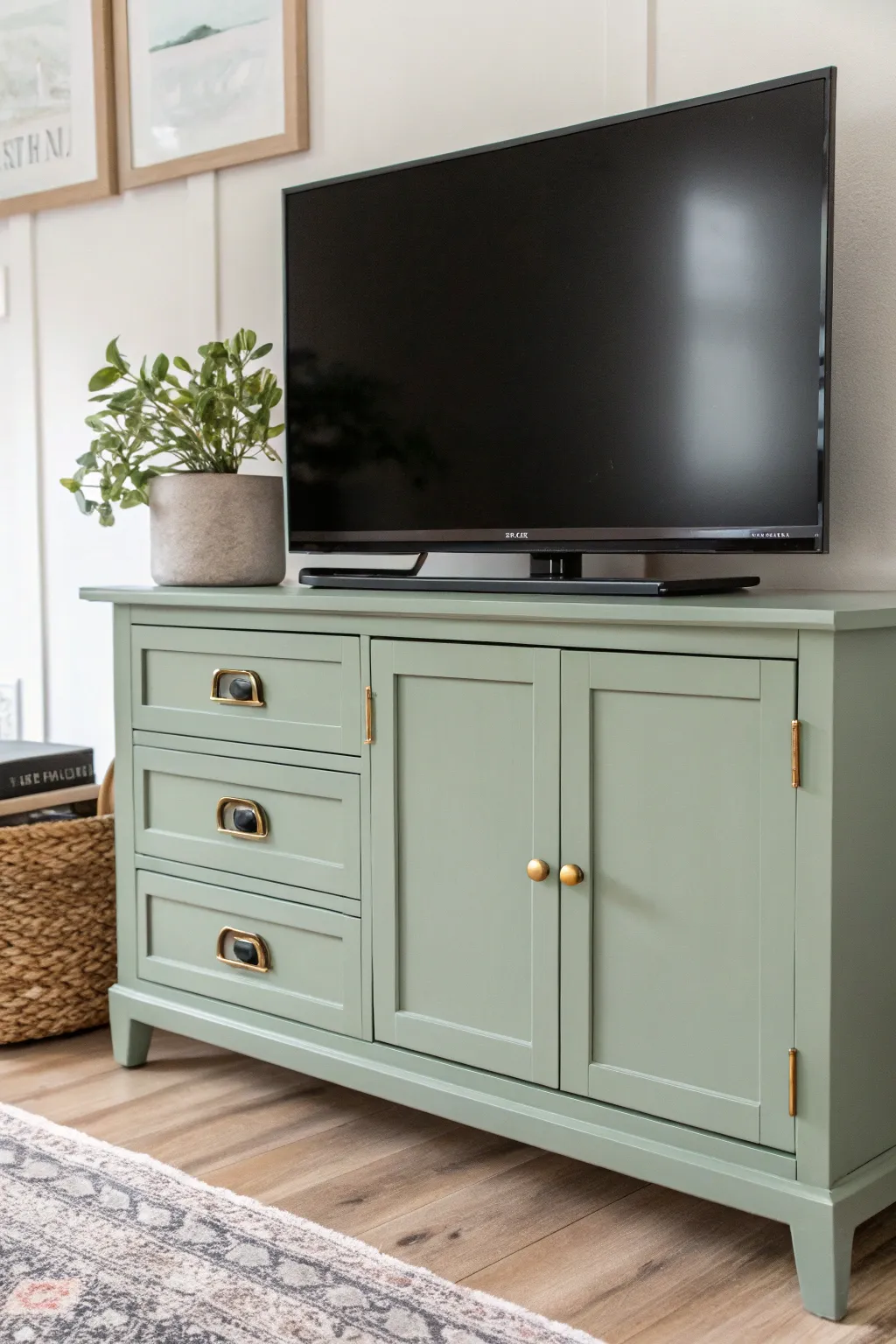 Same painted TV stand, new look: compare dark vs warm metal hardware to match the paint