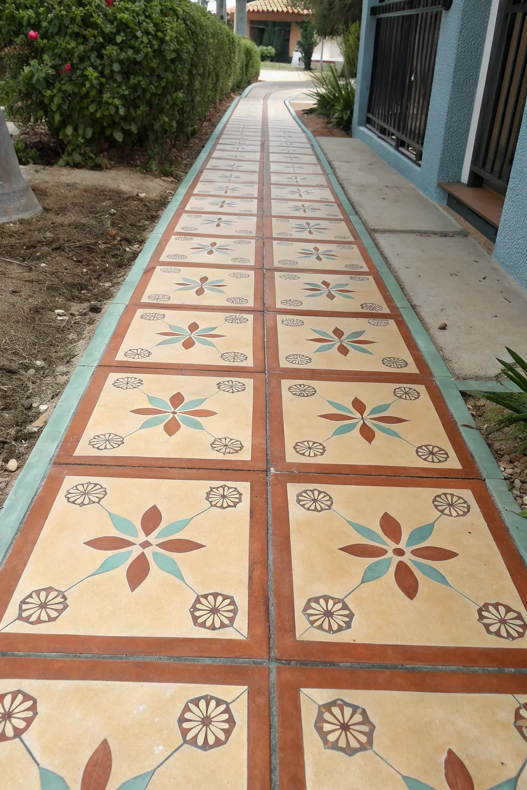 Mediterranean faux tile grid walkway with simple motifs in a calm, minimalist palette