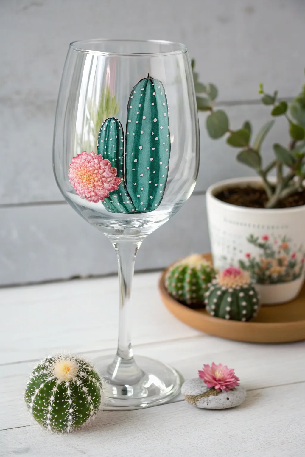 Close up stippled cactus wine glass with tiny blooms, minimalist boho craft detail