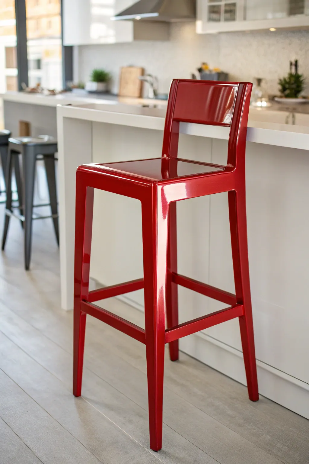 High-gloss lacquer bar stool with mirror shine, minimalist counter styling, bold and chic.