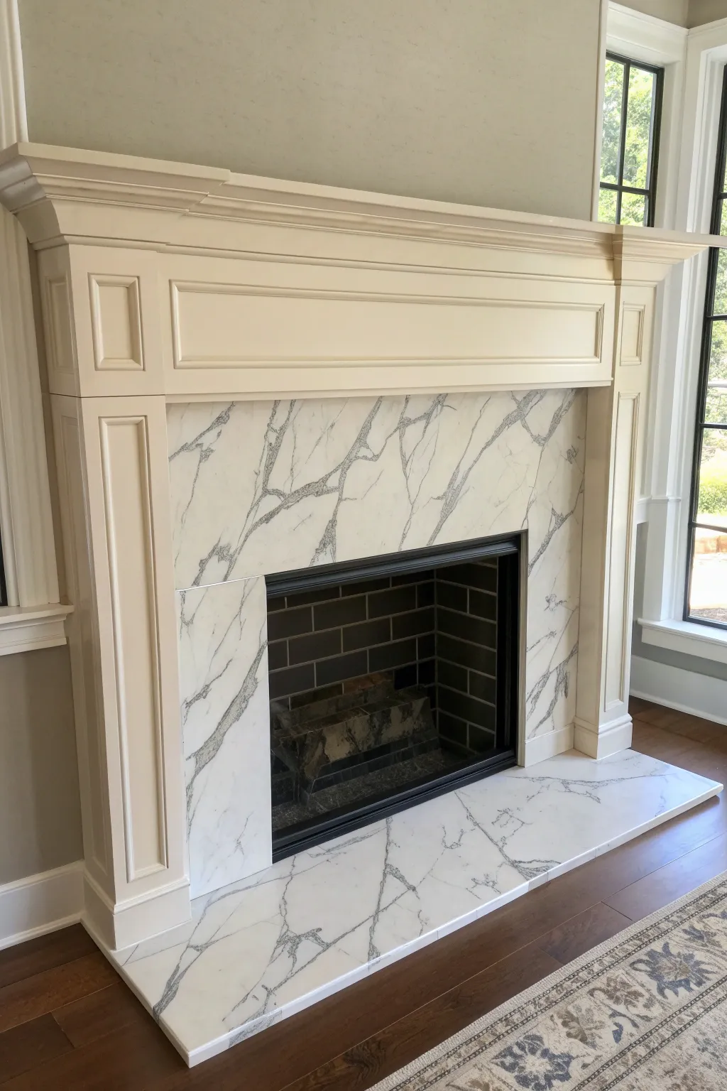 Soft faux marble veining on a painted fireplace tile, minimal, airy, and beautifully handmade