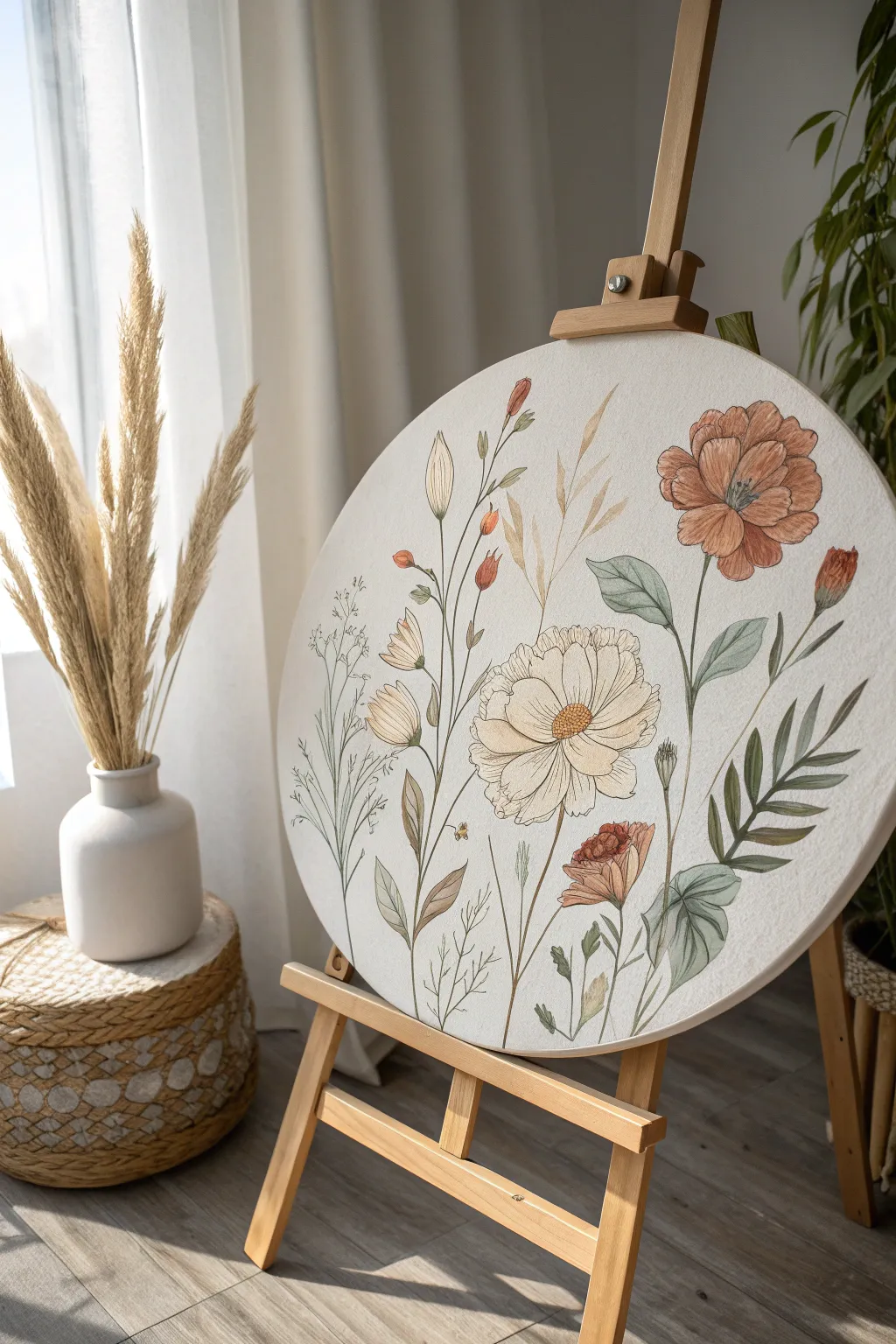 Modern round canvas art in soft neutrals, a fresh handmade gift with minimalist boho charm