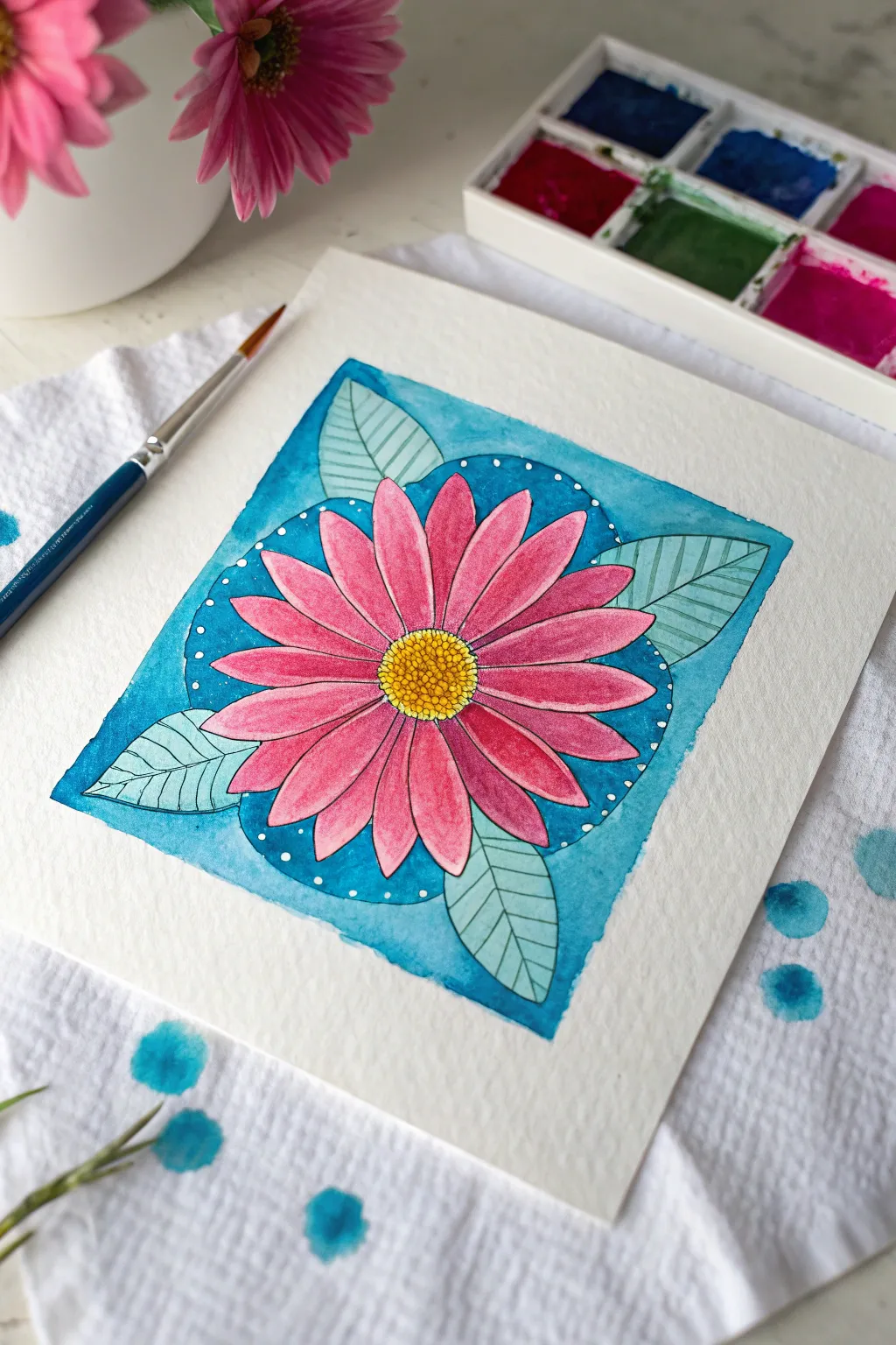 Bold color-blocked bloom on crisp paper, minimalist Scandinavian palette with boho pop.