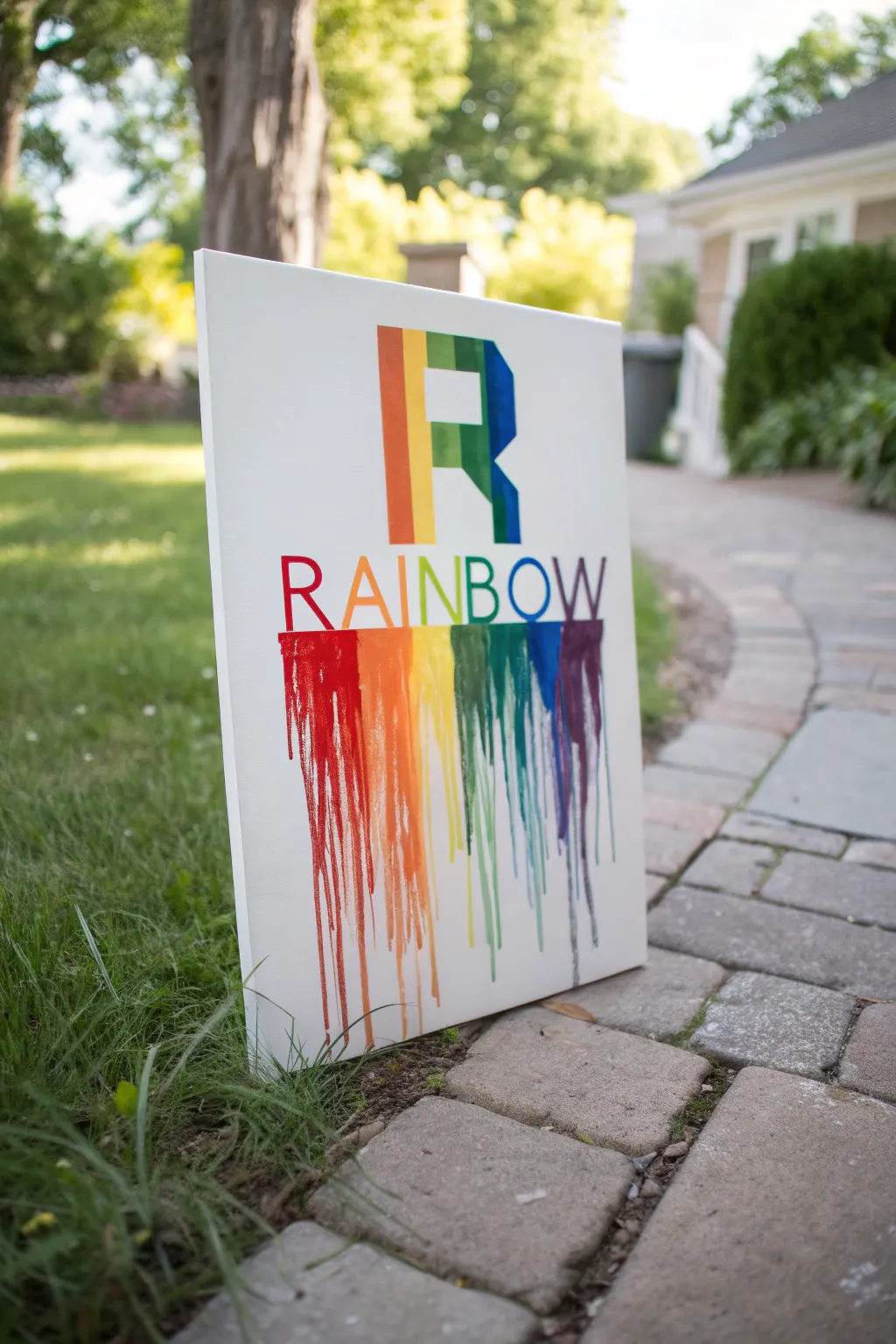 Rainbow drip monogram painting idea for kids, bold and graphic on a clean light background