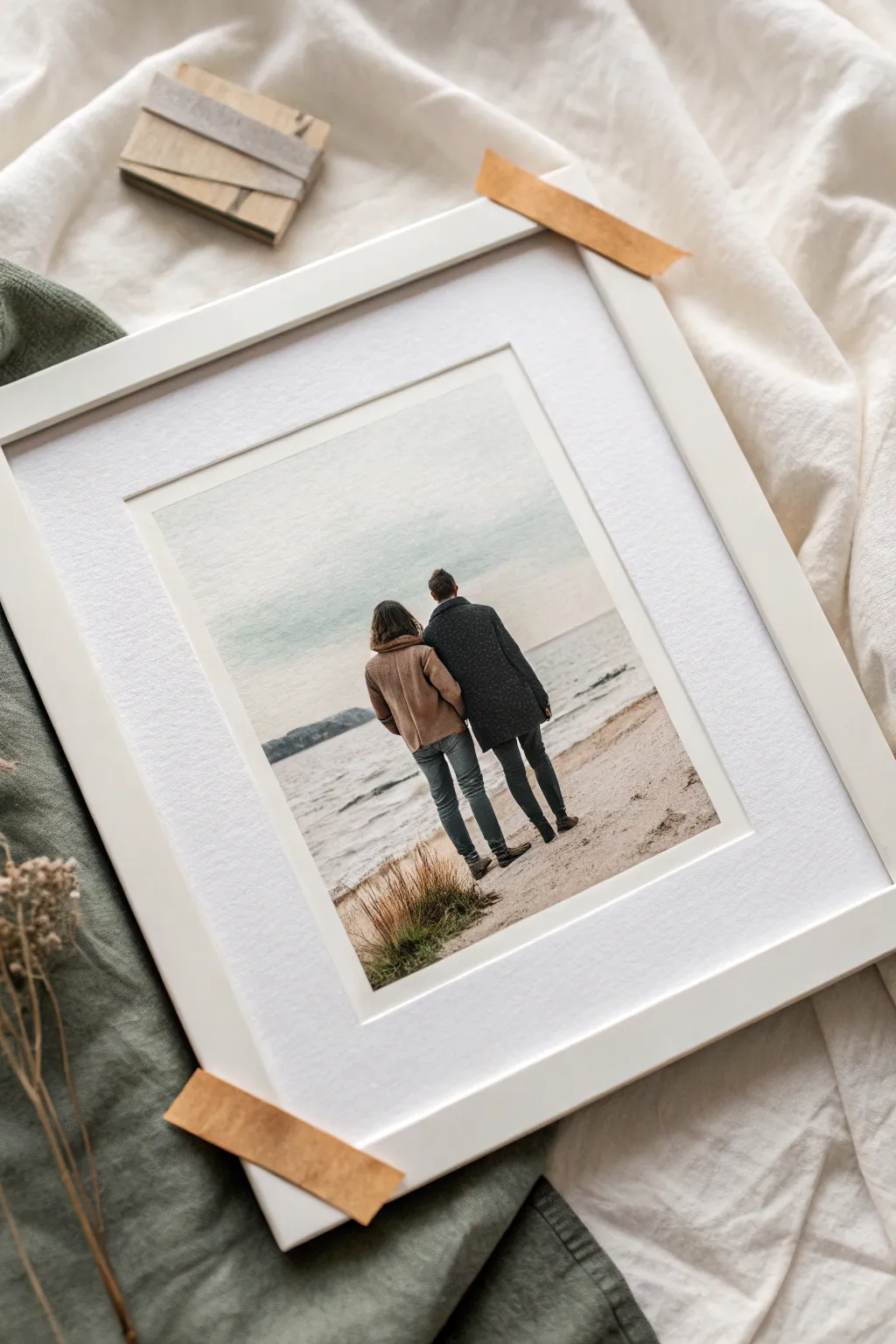 Paint a Polaroid-style memory: a minimalist faceless couple, warm tones, blank caption space.