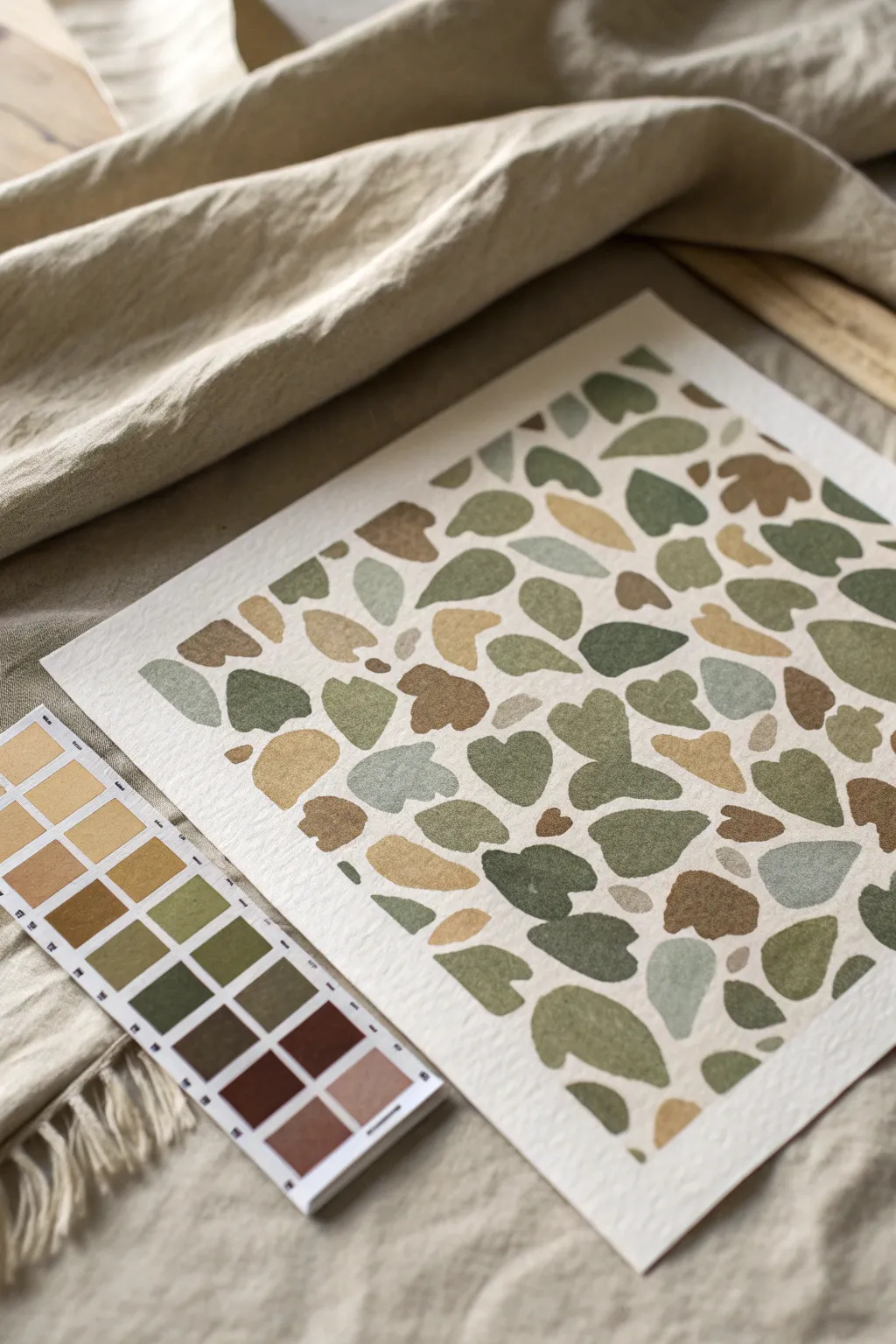 Earthy camouflage blobs plus a tidy color swatch strip, a fun mixing challenge for young painters