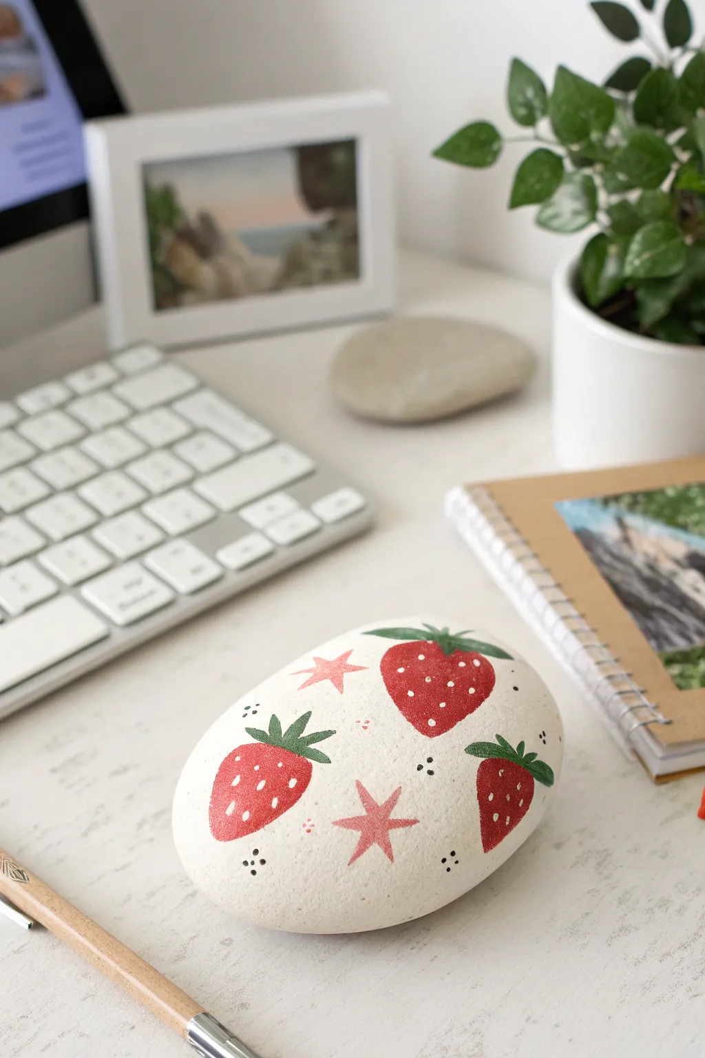Painted rock photo holder on a teen desk, minimalist Scandi boho vibes, perfect giftable art.