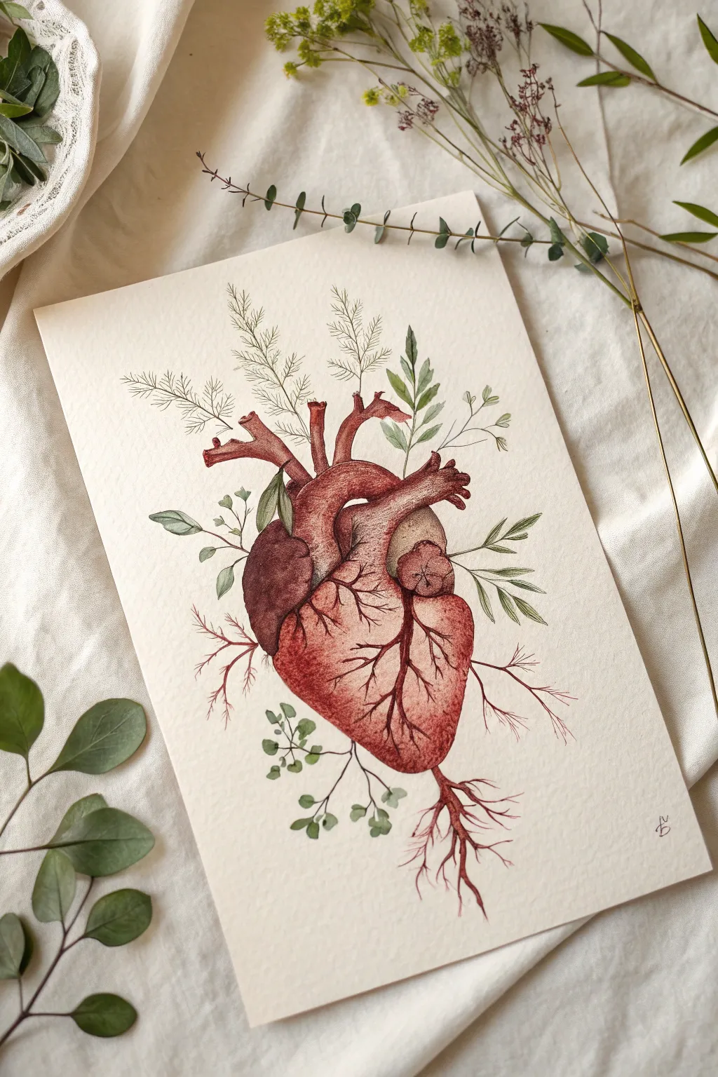 An anatomical heart blooming with vines in minimalist watercolor, symbolizing love and regrowth.