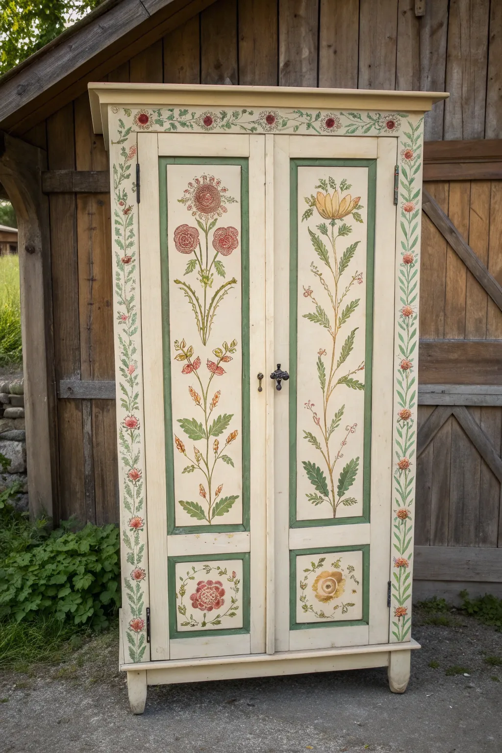 Floral folk-art panels that turn an old wardrobe into a minimalist boho statement piece