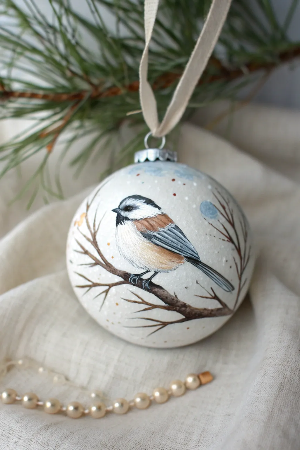 Winter bird ornament with simple layered paint, minimalist palette, cozy Scandinavian boho contrast