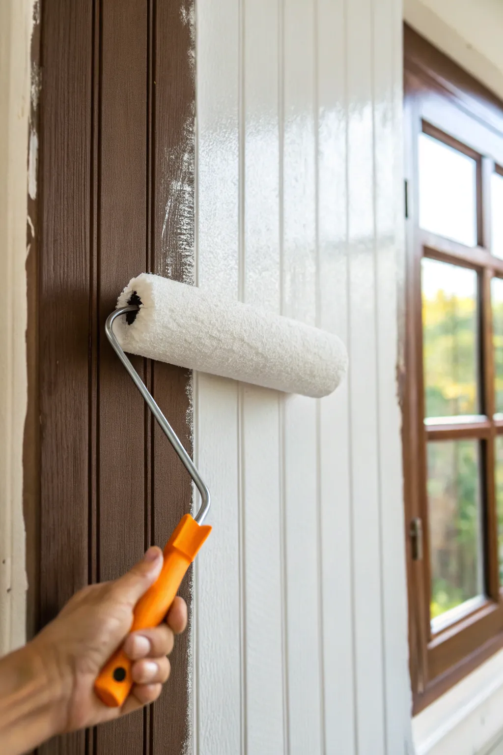 See the true transformation step: primer over paneling for a flawless paint-ready surface