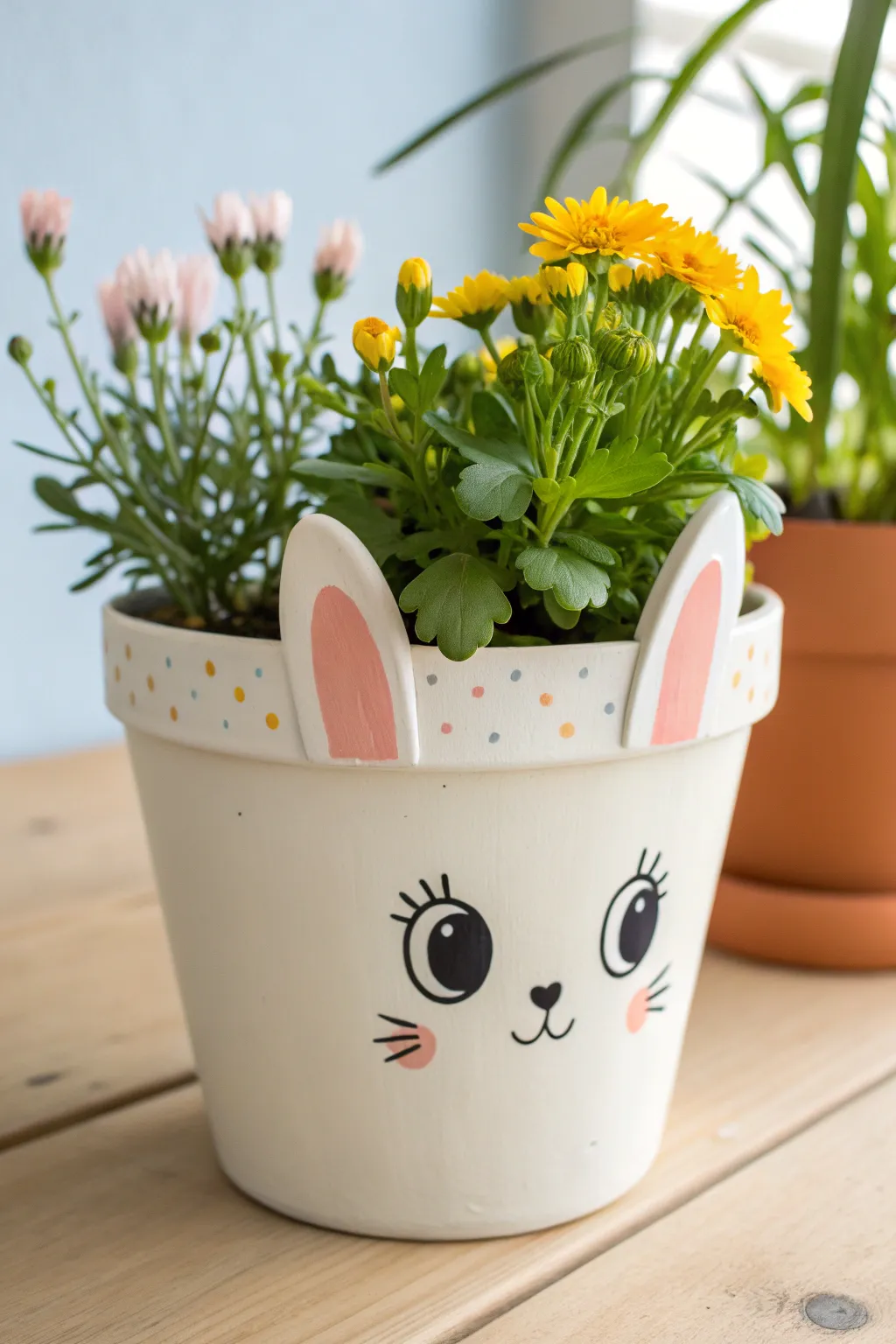 Kid-friendly animal face pot with bold shapes, bright paints, and clean Scandinavian-boho styling