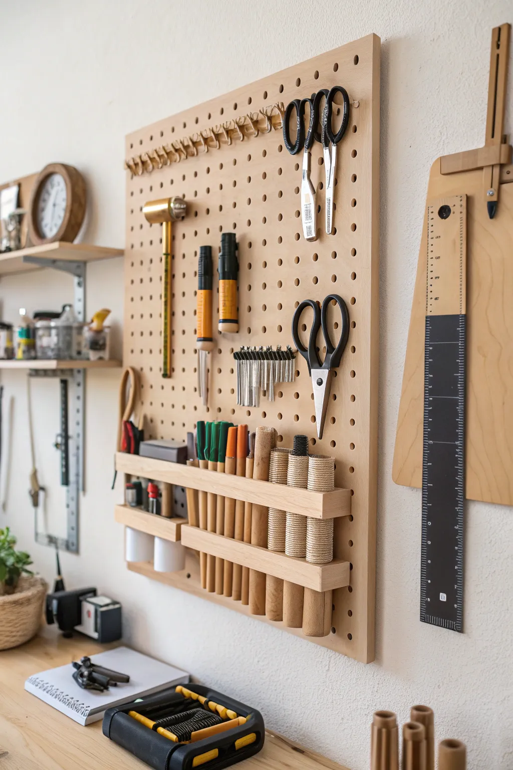 Pegboard tool hanging that keeps studio essentials visible, tidy, and ready to grab