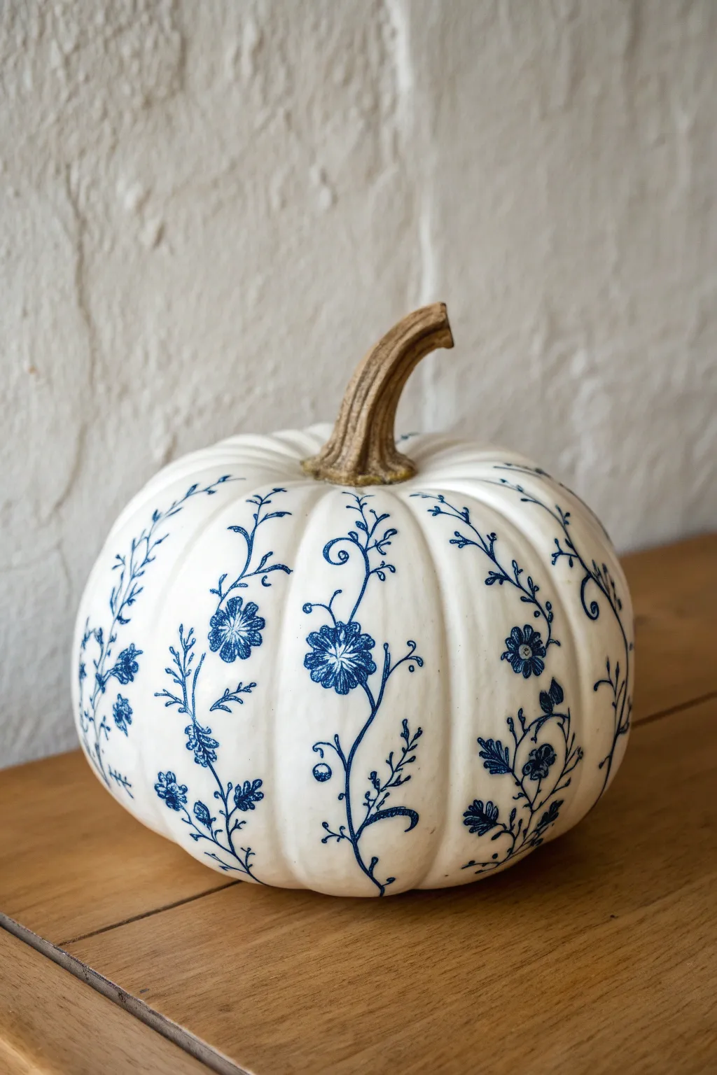 Porcelain-inspired cobalt florals on a white pumpkin for a chic blue-and-white look